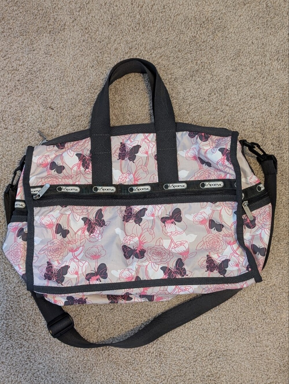 LeSportsac Pink and Purple Floral Butterfly Travel Tote